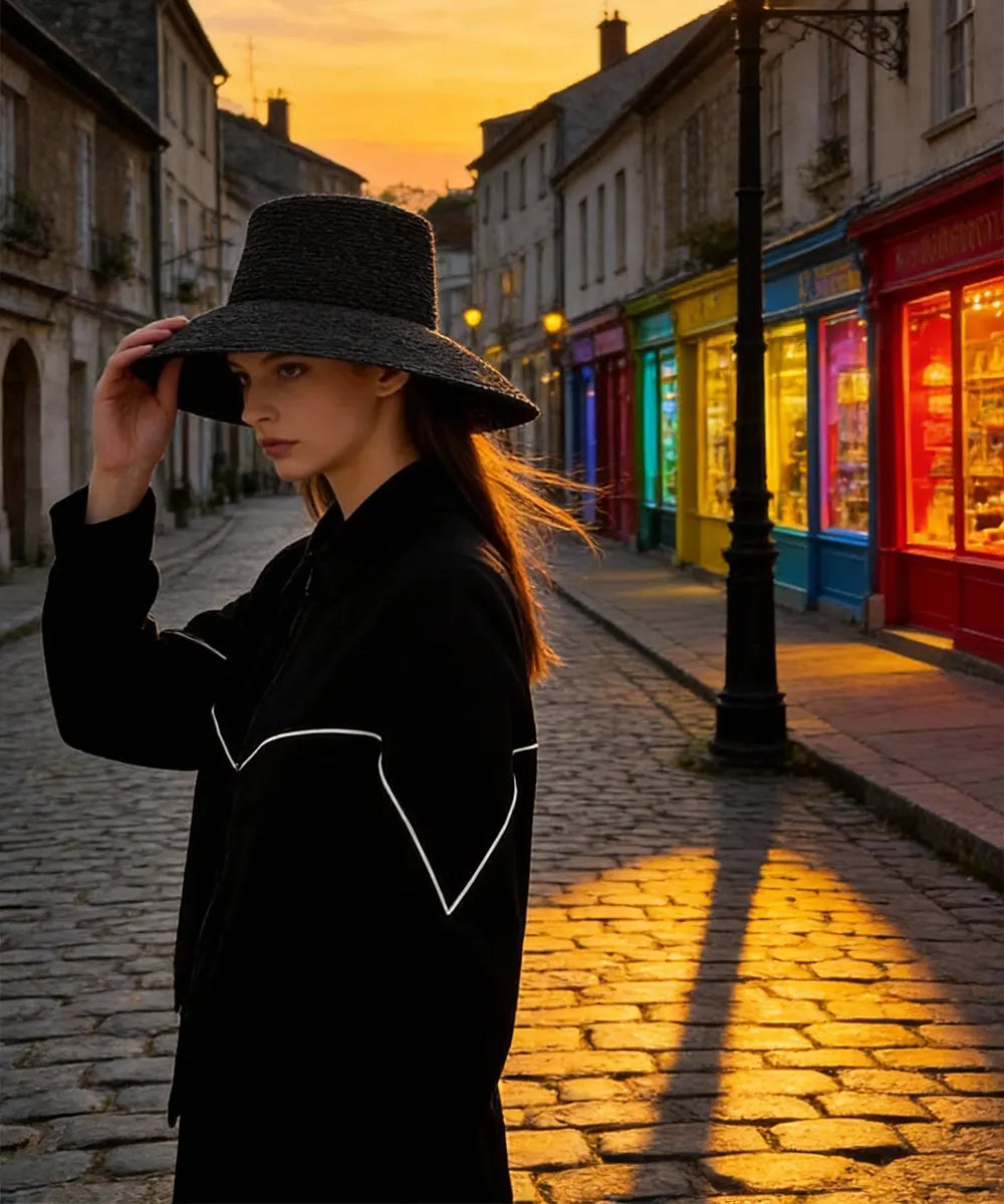 Jolie Packable Straw Bucket Hat - Black
