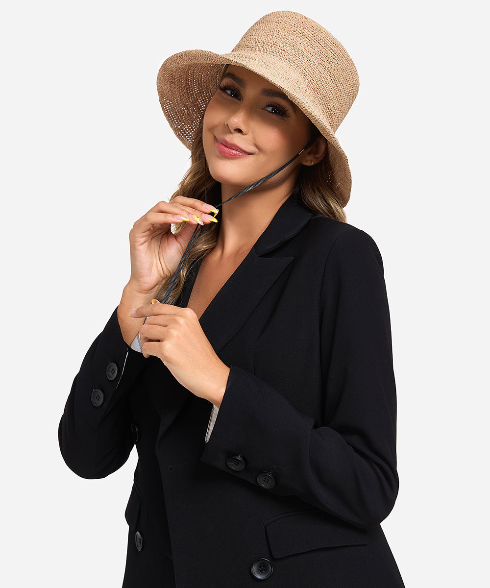 "Women's woven raffia straw bucket hat"