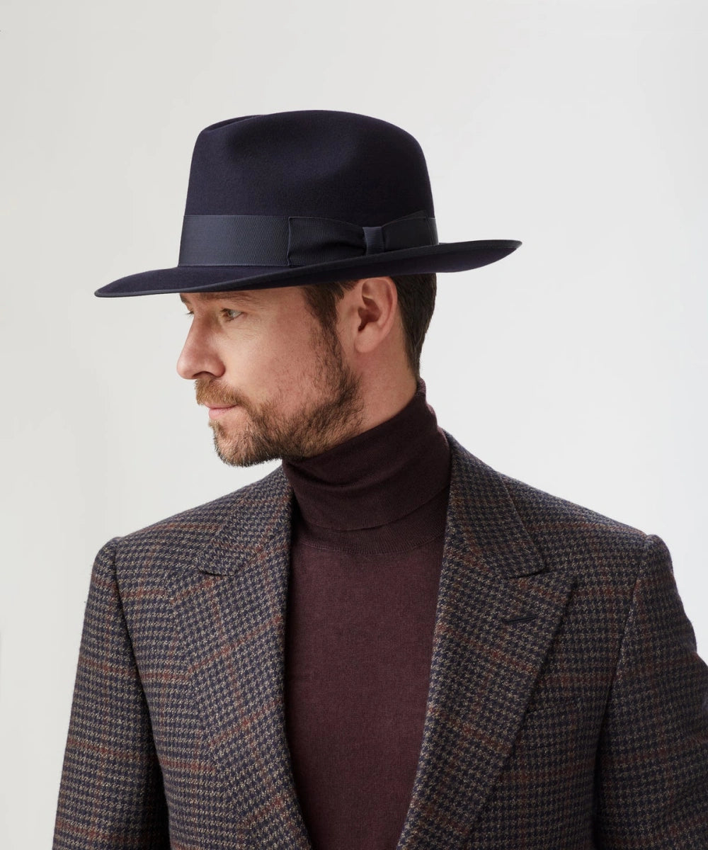 Black Cinematic fedora for men with defined crown and rich texture