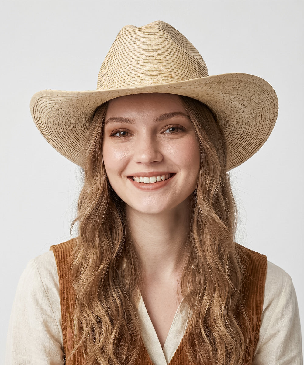 Women's festival outfit style ideas styled with a natural ivory straw cowboy hat