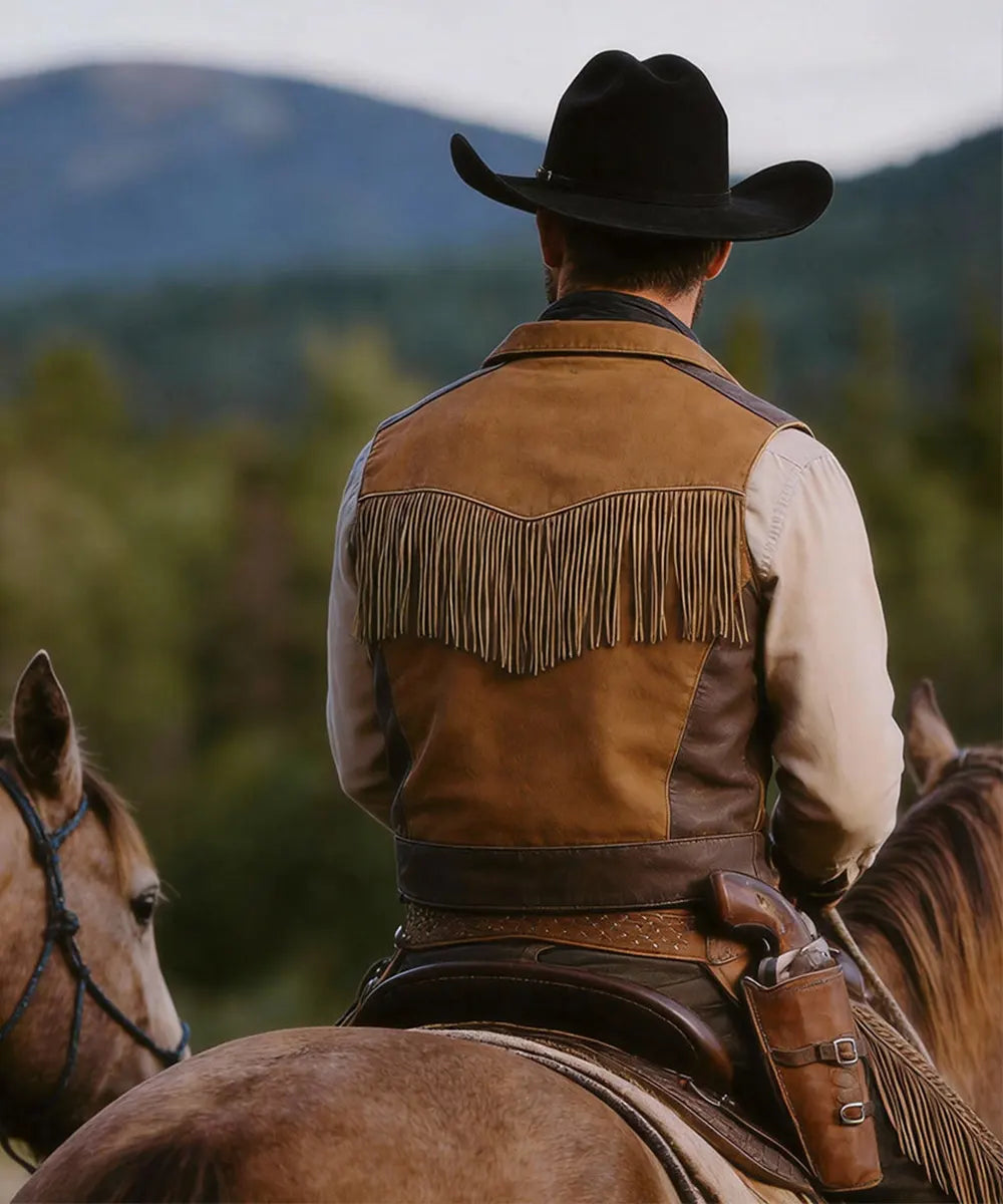 Male model in a traditional embroidered western shirt wearing the Magnate black fur felt hat while riding a horse.
