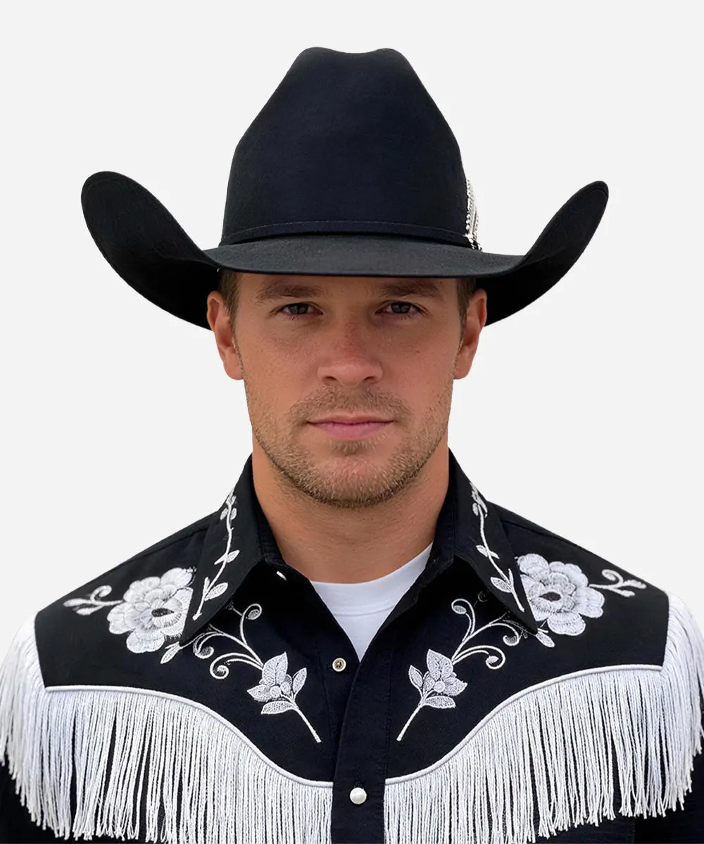 Studio image of the premium Magnate black fur felt sun hat featuring custom feather hardware on a clean white background