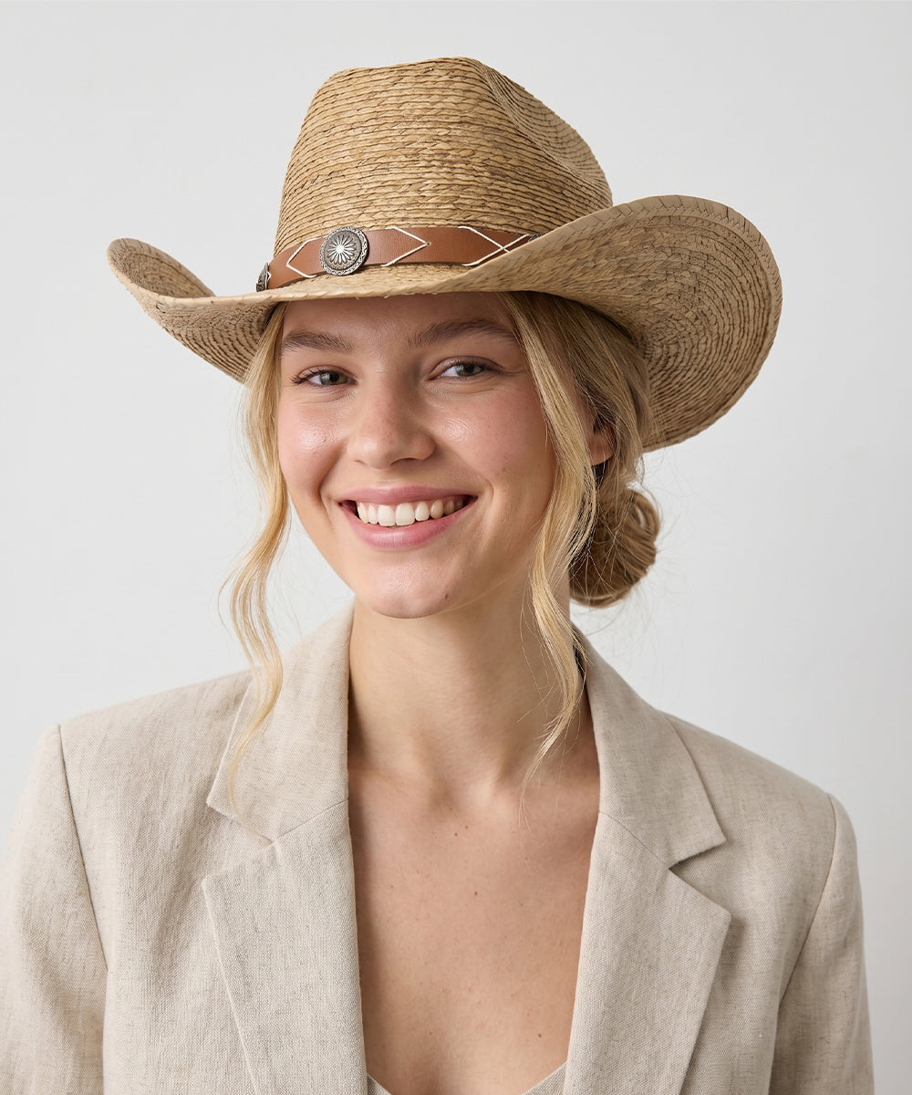 Women's statement western festival fashion trends featuring a dark brown cowboy hat
