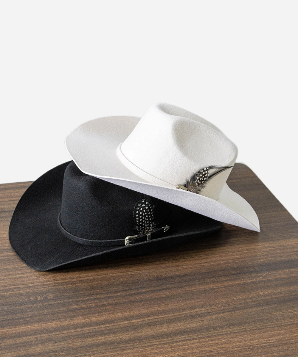 White Structured Frontier white felt cowboy hat featuring a traditional cattleman crown and elegant accent feather detail LBORA