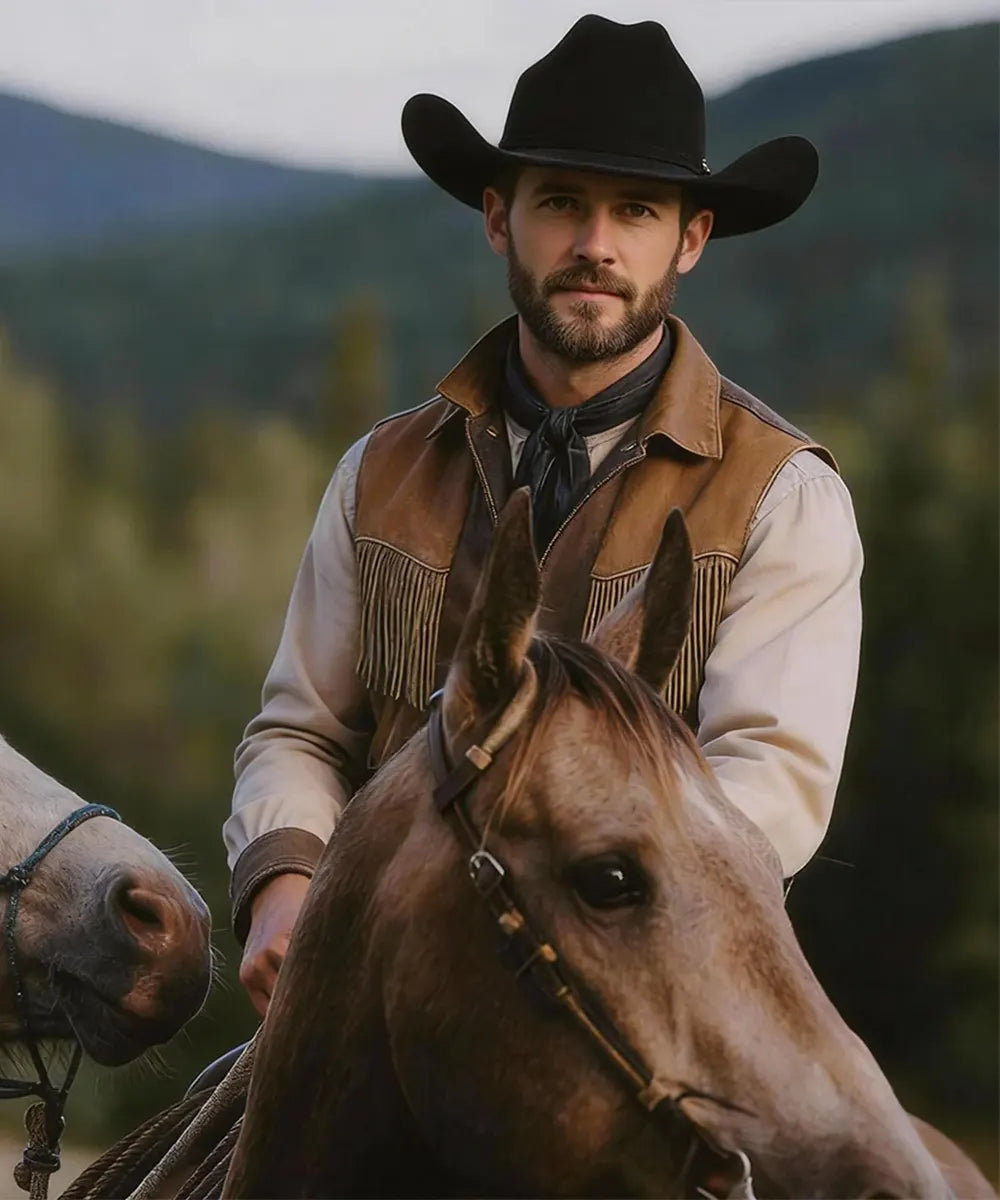 Ranch lifestyle portrait featuring a male model in a fringed suede vest accessorizing with the Magnate black fur felt hat