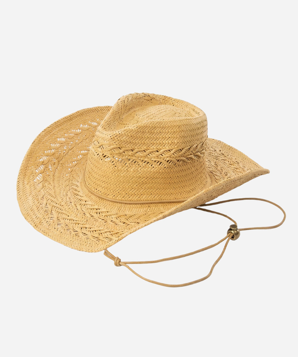 Solara boho sun hat featuring a rich oatmeal brown textured straw weave