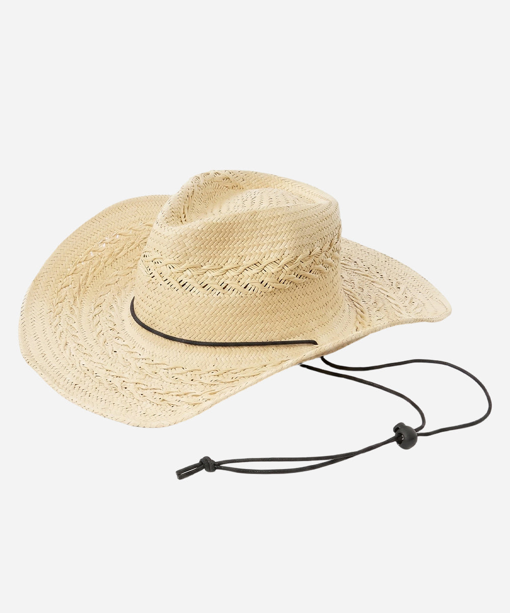 Solara boho sun hat in a woven natural beige straw with chin cord profile